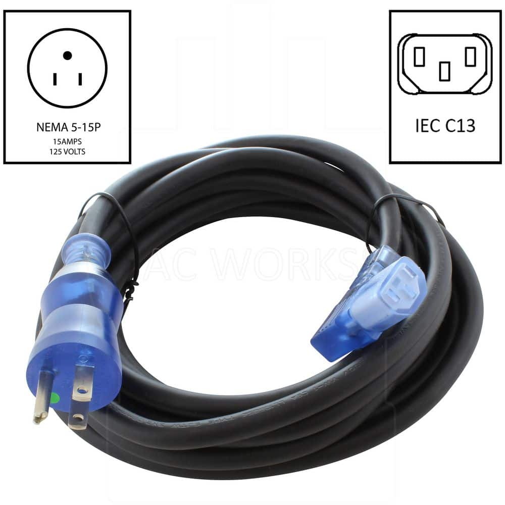 AC WORKS Medical‑Grade NEMA 5‑15P to Right‑Angle IEC C13 15 ft. 14/3 SJTW Indoor Extension Cord in Black (2)