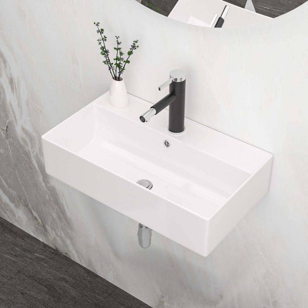 XUJMK 5 in. Wall-Mounted Rectangular Bathroom Ceramic Sink in White, 21 x 12 in. Wall Mount Bathroom Sink (1)