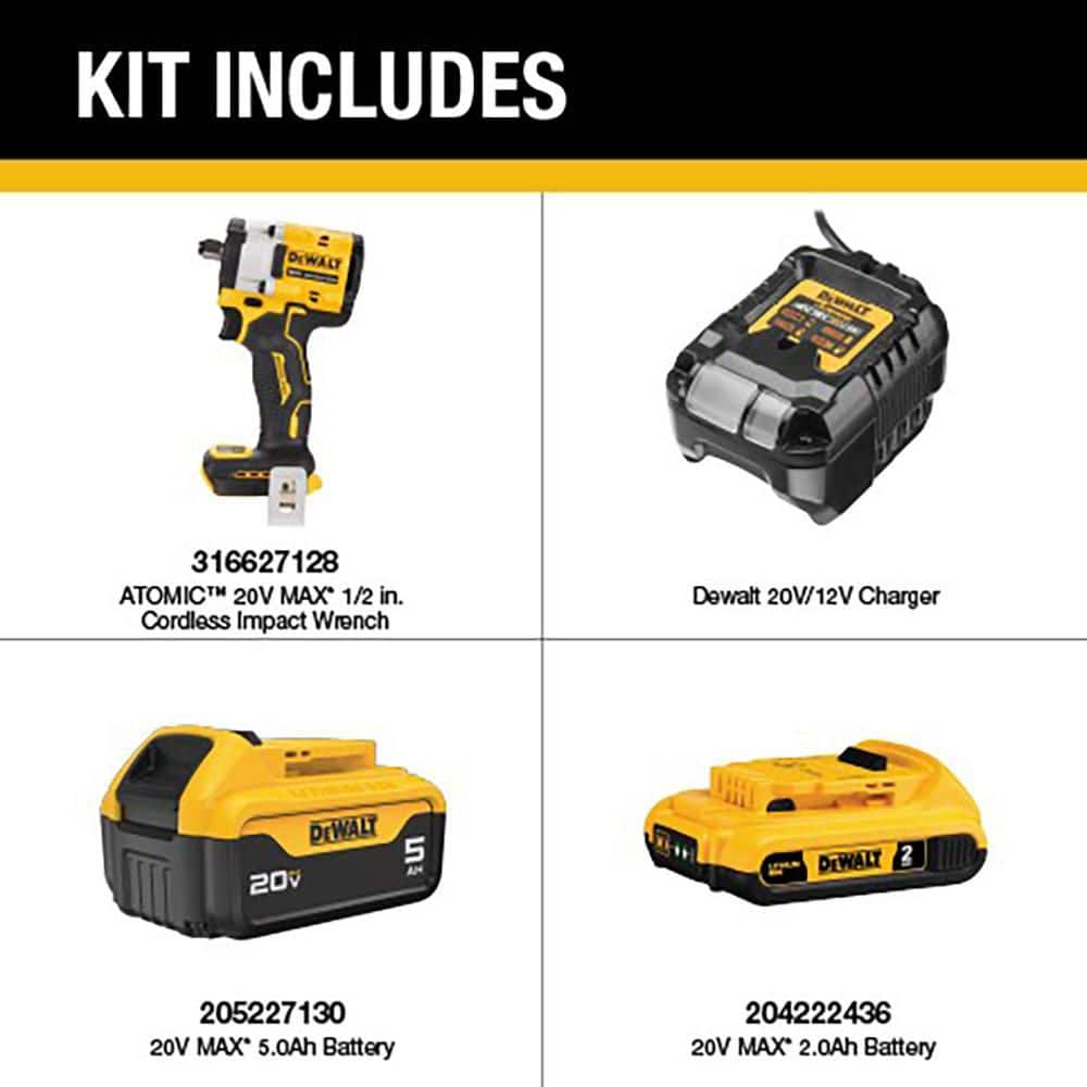 DEWALT ATOMIC 20V MAX Lithium-Ion Cordless Brushless 1/2 in. Variable Speed Impact Wrench with 5 Ah & 2 Ah Batteries & Charger (2)