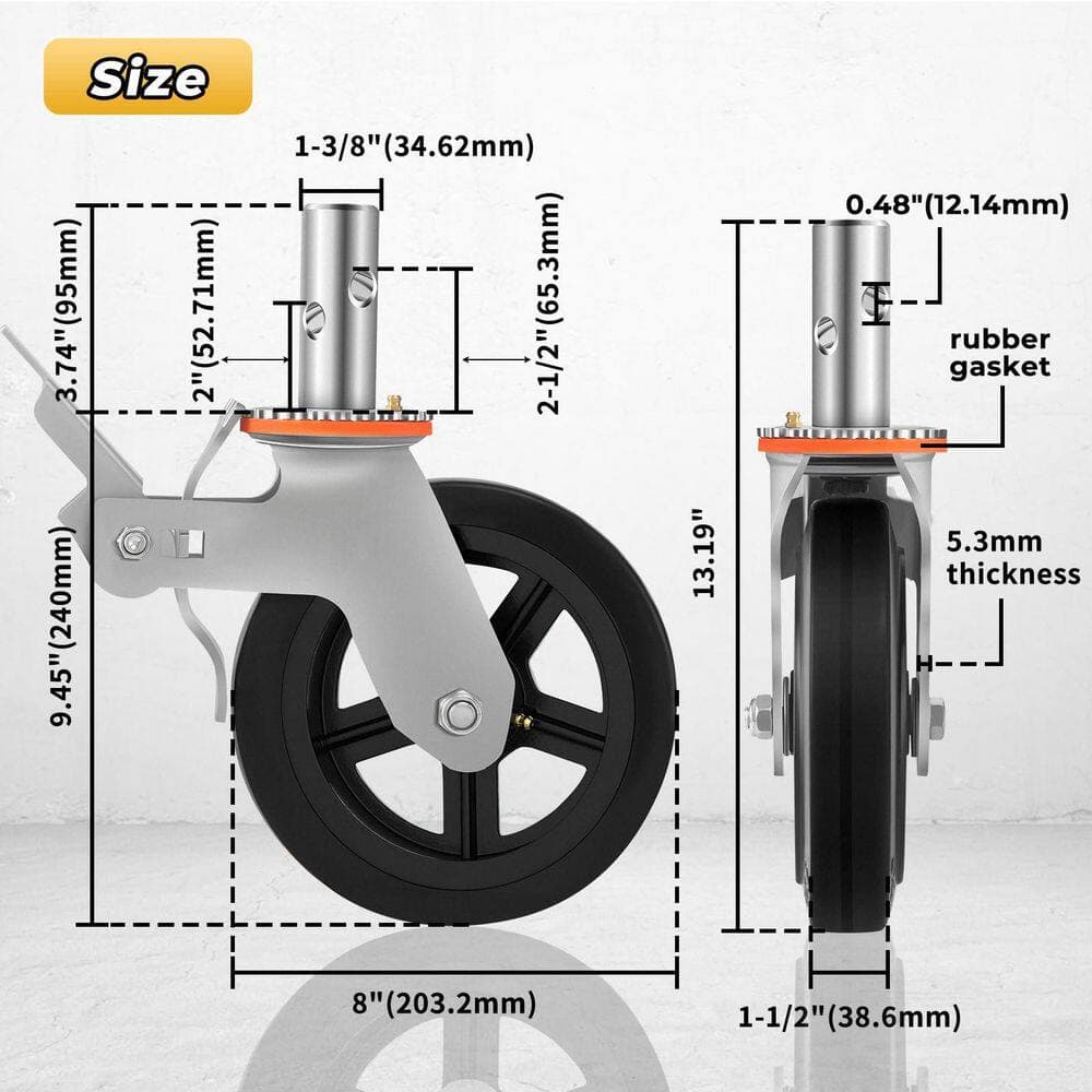 Helhom 8 in. Scaffolding Ladder Wheels, 1-3/8 in. Solid Round Stem Caster with Dual Locking Brakes, 1100 lb. Capacity Per Wheel (2)