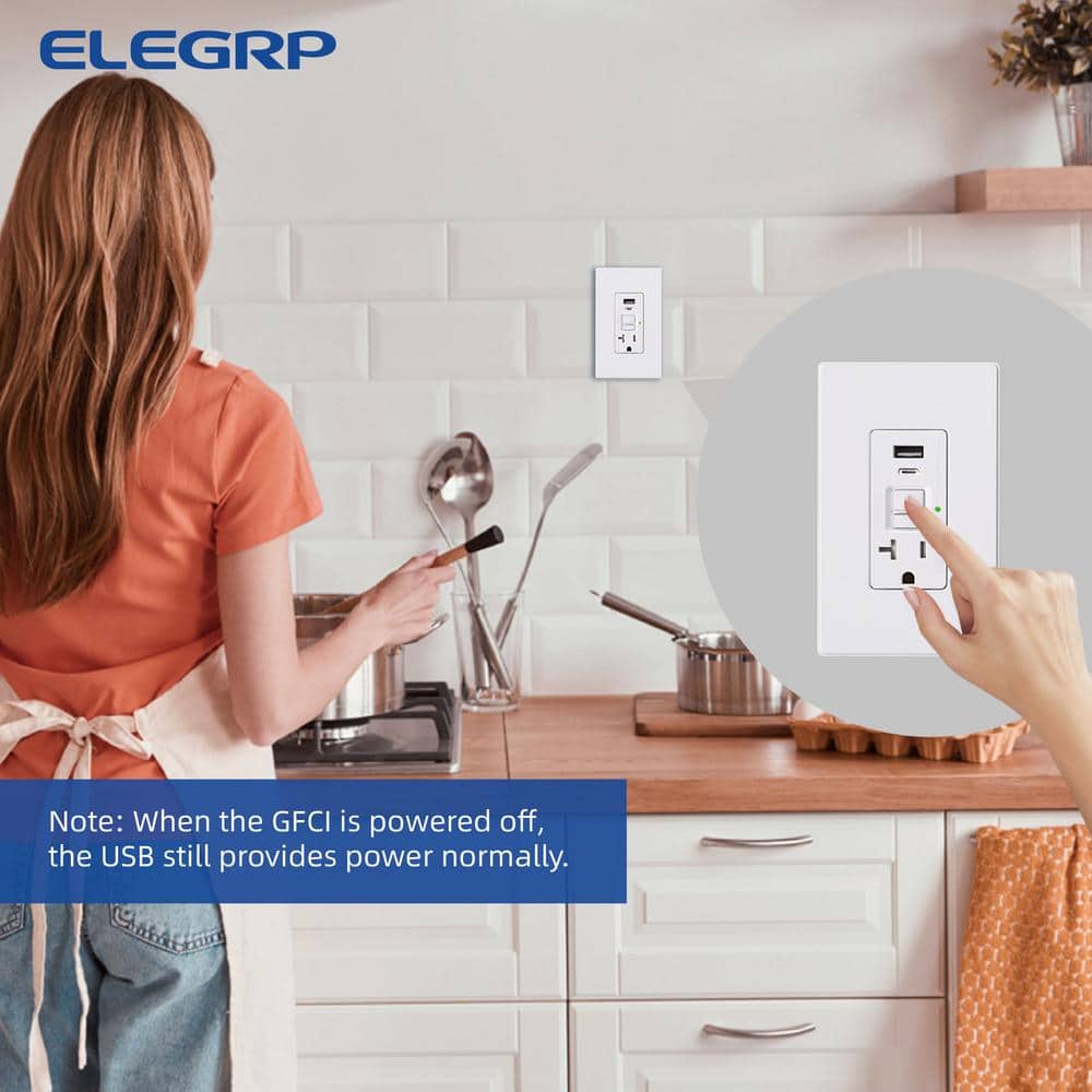 ELEGRP 20 Amp Self-Test GFCI Outlet with Night Light, 24-Watt In-Wall USB Charger Combo Receptacle, Type A Type C, White 1-Pack (2)