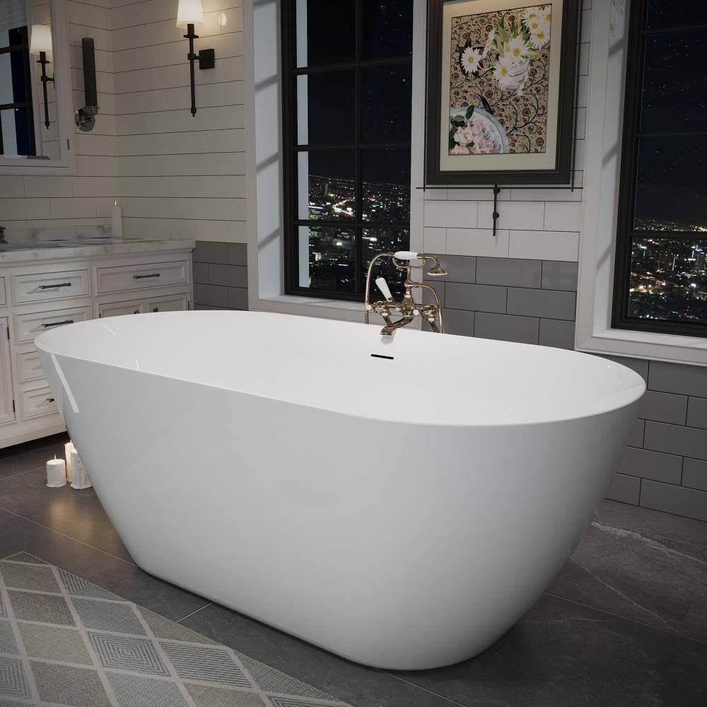 YSQCAR 60 in. x 28.75 in. Solid Surface Freestanding Soaking Bathtub with Center Drain in White, cUPC certified (3)