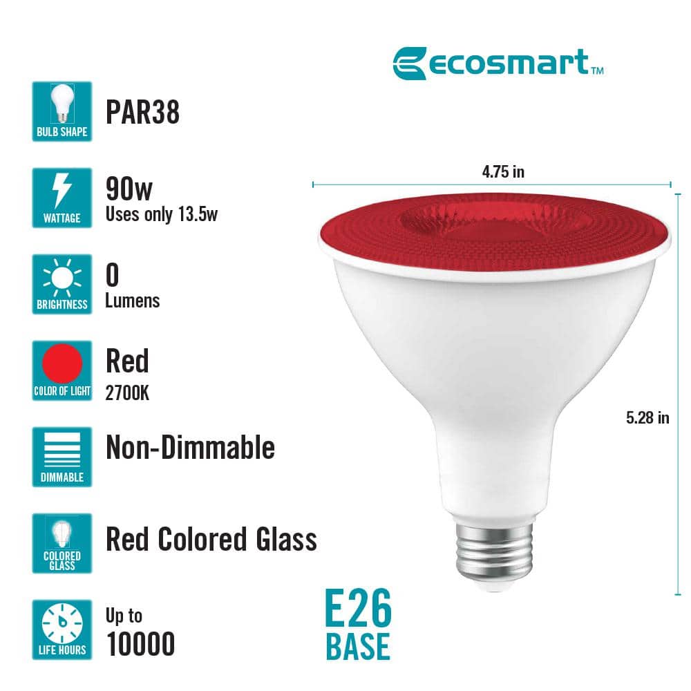 EcoSmart 90-Watt Equivalent PAR38 Red Color Decorative Indoor/Outdoor E26 Medium Base LED Spot Light Bulb (1-Pack) (4)