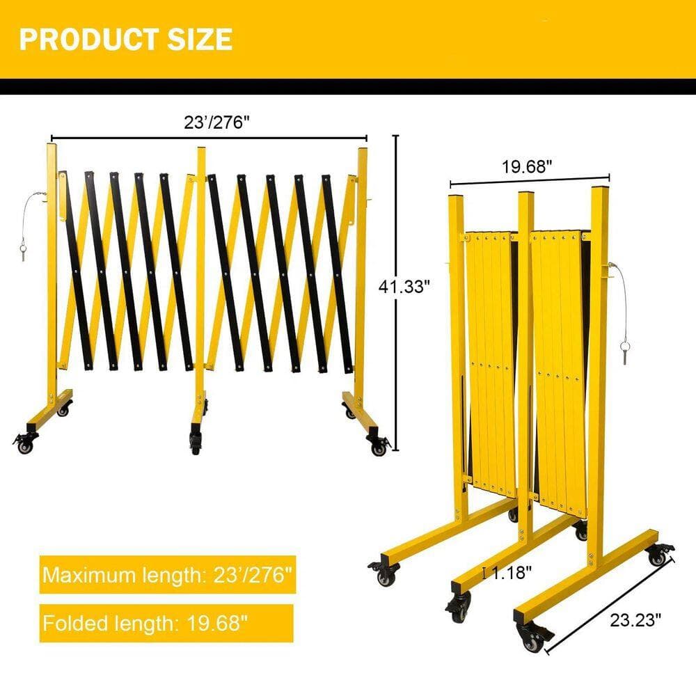 Tidoin 2-Pack 23 ft. x 3.4 ft. Yellow and Black Metal Expandable Barricade, Folding Security Gate Safety Barrier with Casters (2)