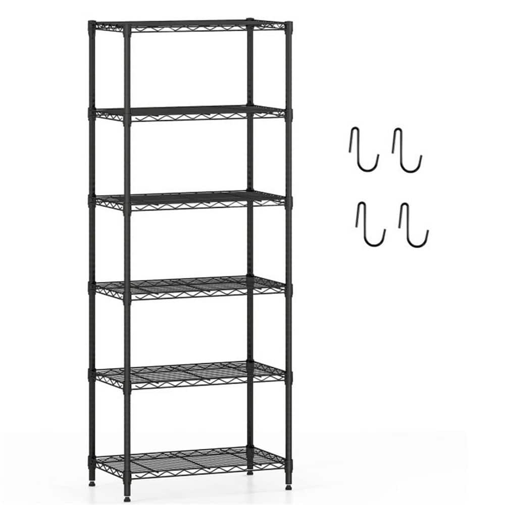 Wudkey 23.5 in. W × 59 in. H x 13.5 in. D 6-Tier Heavy-Duty Metal Rectangular Shelf in Black with 4 Hooks, 900LBS Capacity (1)