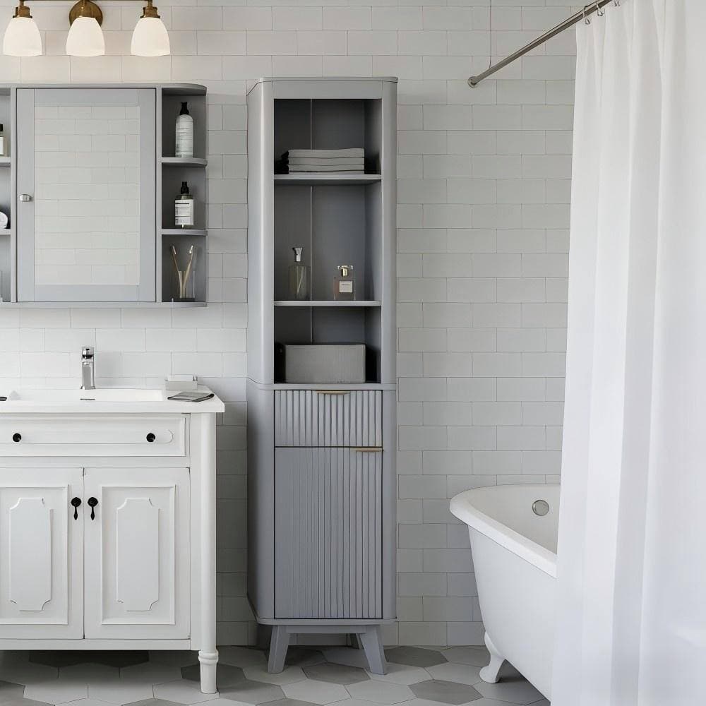 EPDXLXM 16 in. W x 12 in. D x 68 in. H Gray Linen Cabinet, Tall Bathroom Storage Cabinet with Drawers and Adjustable Shelf (2)