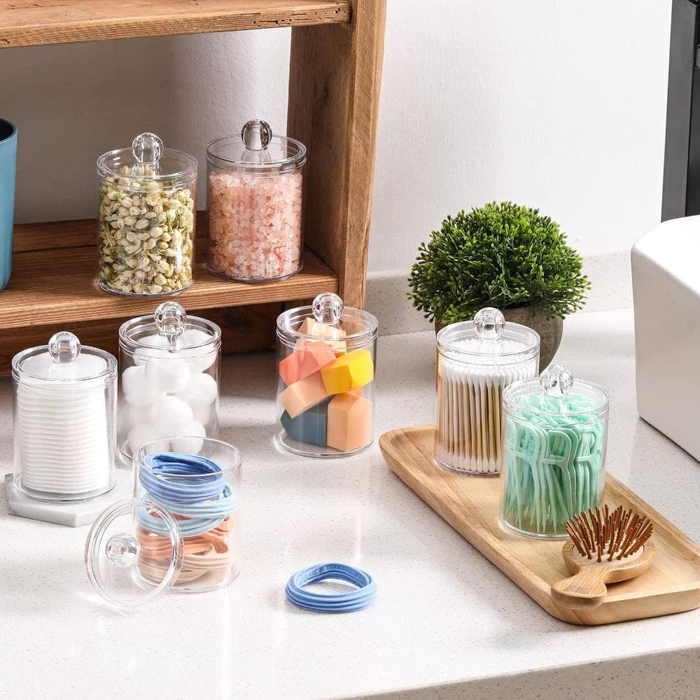 Unbranded 8 Pack Clear Acrylic Qtip Holder Dispenser with Lids and Labels for Cotton Swabs - Bathroom Vanity Jars (3)