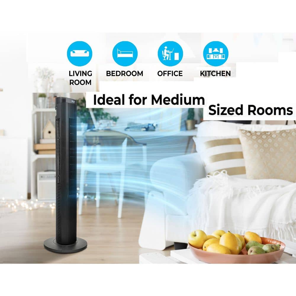 Comfort Zone 40 in. Tall. 12 in. Diameter Base, 3 Speed Tower Fan with Oscillation, Timer Function, and Remote Control in Black (2)