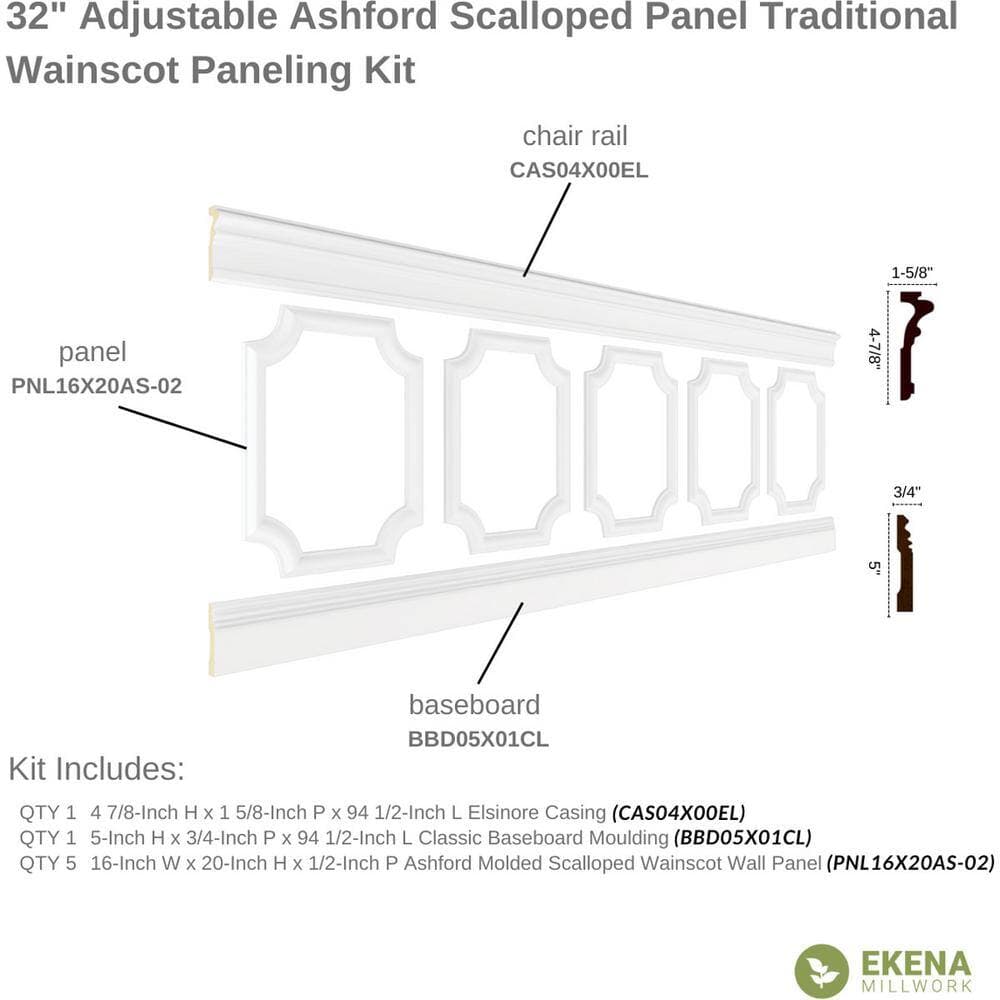 Ekena Millwork 94-1/2 in. Adjustable 32 in. to 36 in. Ashford Scalloped Panel Traditional Wainscot Paneling Kit (2)