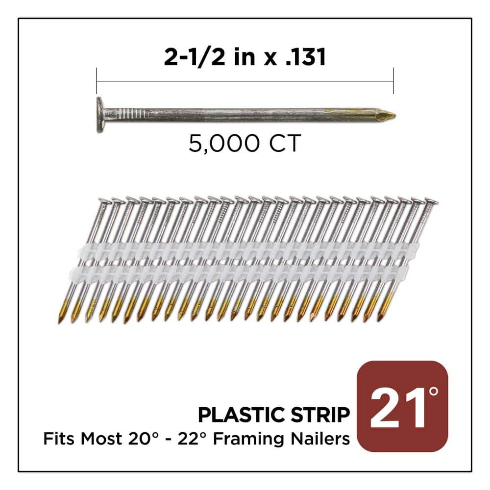 PRO-FIT 2-1/2 in. x 0.131 21-Degree Bright Finish Smooth Shank Plastic Strip Framing Nails (5000 -Per Box) (2)