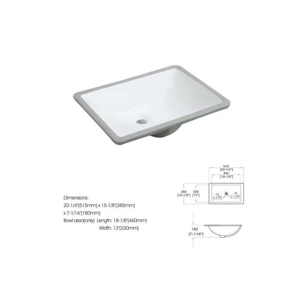 Tahanbath White Rectangular Undermount Bathroom Sink With Overflow (3)