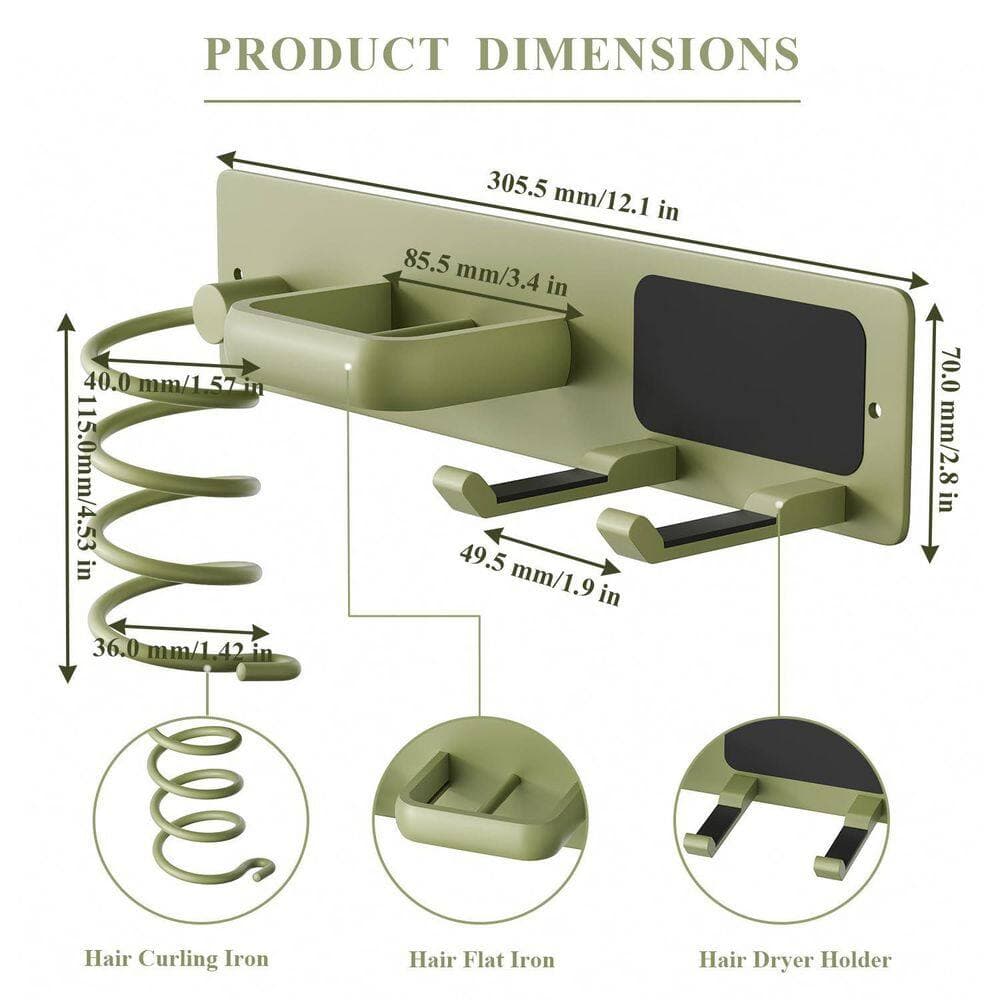 Wudkey 3 in 1 Blow Dryer Holder, Metal Hair Tool Organizer Wall Mounted for Hairdryer Curling Iron Flat Iron in Sage Green (2)