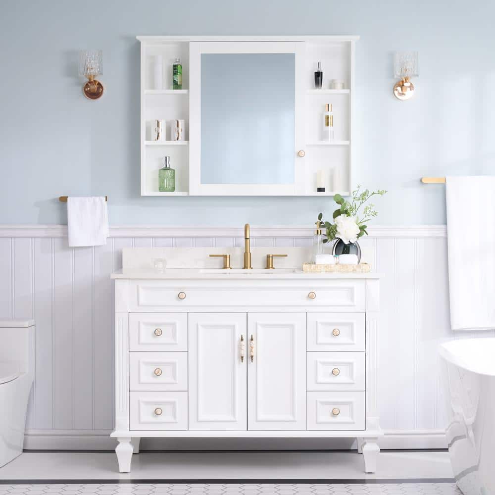 ANGELES HOME 48 in. W Solid Wood Bath Vanity in White with Carrara White Stain-Resistant Quartz Top, 42 in. W Wood Medicine Cabinet (1)