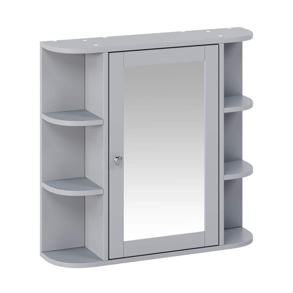 Flynama Wall Mount Mirror Cabinet, Adjustable Wood Shelf, 6 Open Shelves, Bathroom Storage Cabinet, Gray (1)