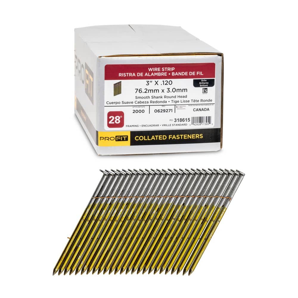 PRO-FIT 3 in. x 0.120 28° Bright Smooth Shank Wire Strip Framing Nails (2000-Per Box) (1)