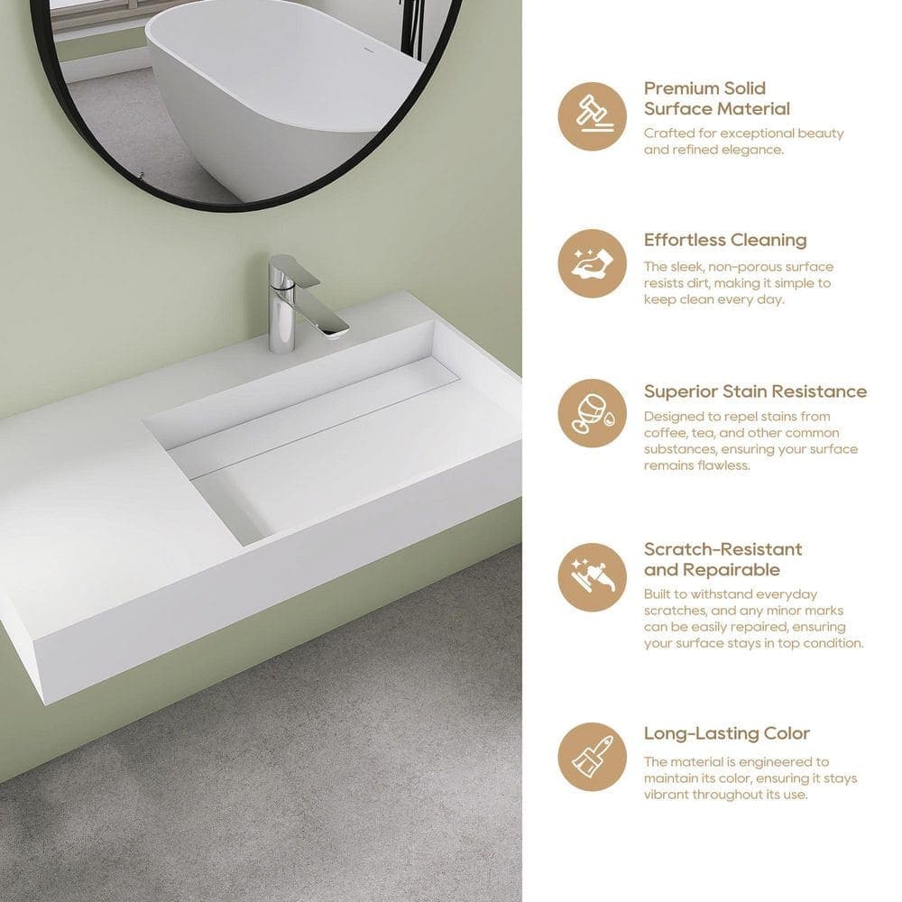 SJ STAR&JANE 36 in. x 18 in. x 5 in. Wall Mounted Bathroom Sink Solid Surface Rectangle Right Vessel Sink in White (3)