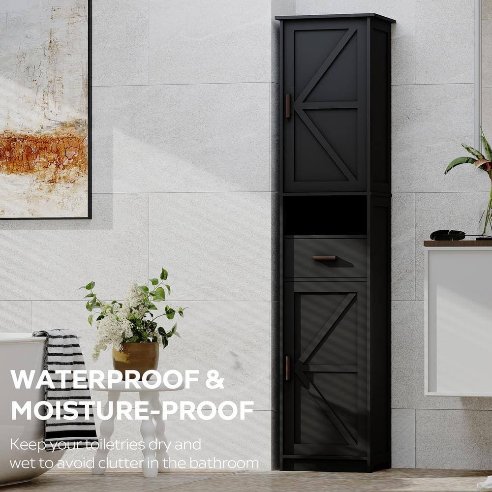 Tileon 15 in. W x 11 in. D x 70 in. H Black Narrow Linen Cabinet with 2 Barn Doors, 1 Drawer and Adjustable Shelves (3)