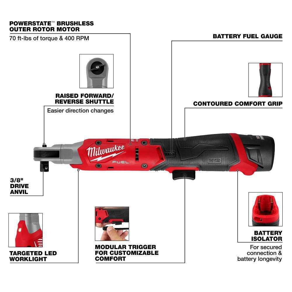 Milwaukee M12 FUEL 12V Lithium-Ion Compact 3/8 in. Cordless Ratchet Kit with Battery, Charger, and 4. 0AH Starter Kit (3)