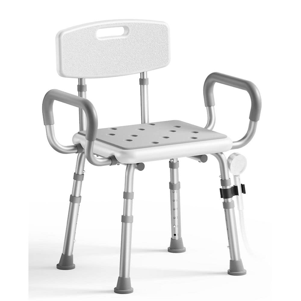 Wudkey Height Adjustable Shower Chair with Arms, Back and Enhanced Non-Slip Feet, Aluminum Shower Seat in Gray for Seniors (1)
