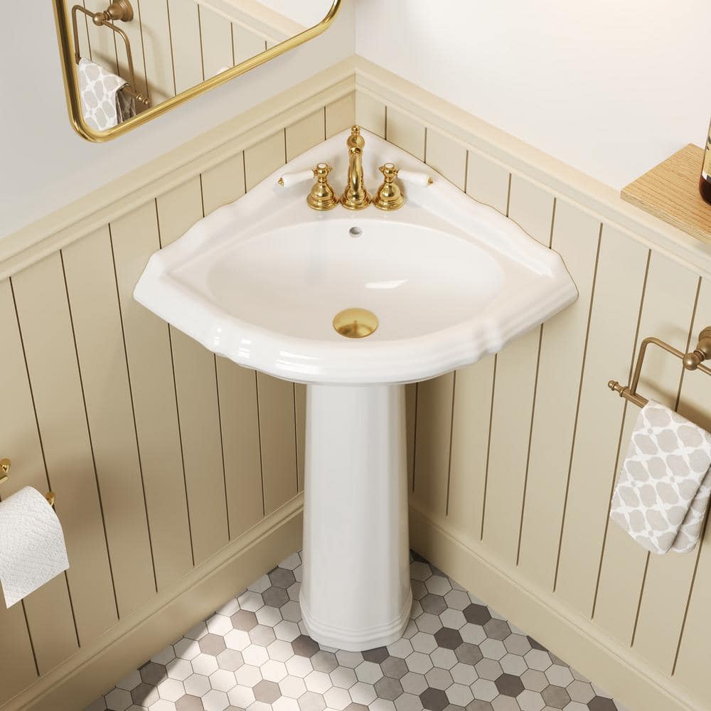 DEERVALLEY 26.8 in. x 20.5 in. Corner Pedestal Bathroom Sink In White Vitreous China with 4 in. Centerset Faucet Holes