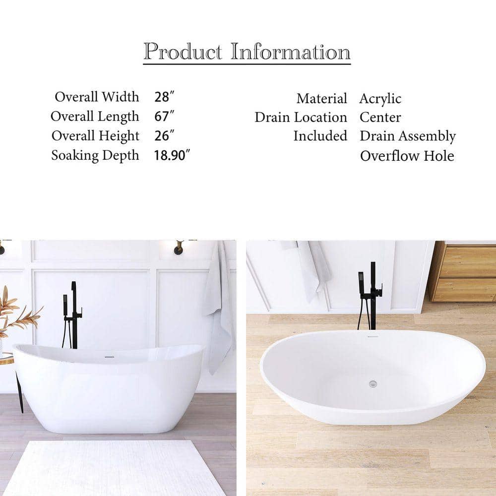 JimsMaison 67 in. x 28 in. Acrylic Freestanding Soaking Bathtub in Glossy White (2)