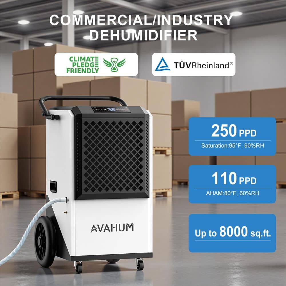 Edendirect 250 pt. 8000 sq. ft. Commercial Dehumidifier in. White & Gray with Auto Defrost, 24H Timer & Optional Pump Drainage (2)