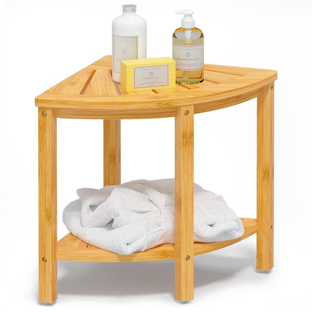 Cubilan 15.8 in. D x 15.8 in. W x 17 in. H Freestanding Walk In Shower Seat Corner Shower Bench in Light Brown with Shelf (2)