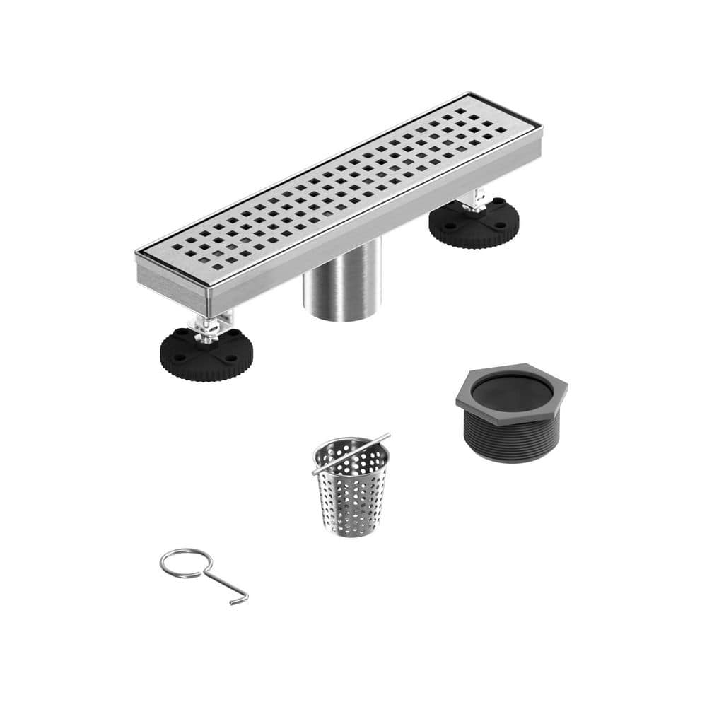 HOMEMYSTIQUE 12 in. Linear Shower Drain, Removable Grid Grate 304 Stainless Steel Floor Drain w/Leveling Feet, Brushed Nickel (1)