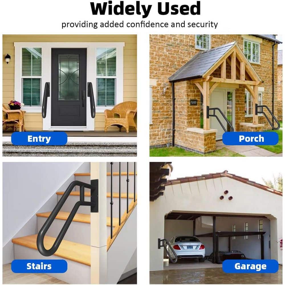 Unbranded 23 in. Black Metal Handrail Indoor Outdoor Wall Mount U-Shape Stair Railing Non-Slip Safety Support (3)