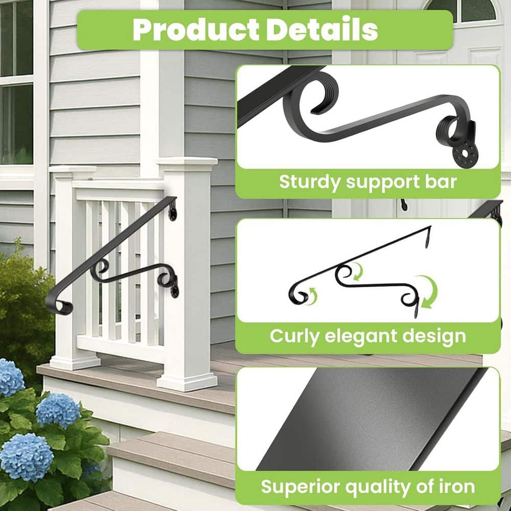 Afoxsos Wrought Iron Handrail Wall Mounted for 1-2 Steps Outdoor Porch Black Anti-Corrosion Sturdy 350 lbs. Capacity (3)