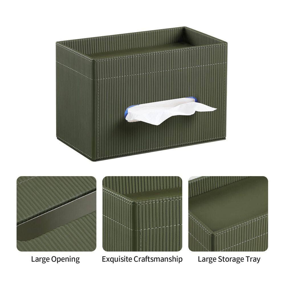 Wudkey Rectangular Tissue Box Cover with Storage Tray, PU Leather Tissue Box Holder for Bathroom Vanity Countertop in Green (3)