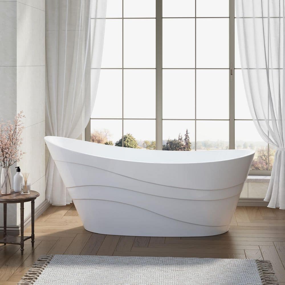 FORCLOVER Trace 67 in. x 29.33 in. Acrylic Flat Bottom Oval Soaking Bathtub with Bathtub Drain Curve in Glossy White (1)