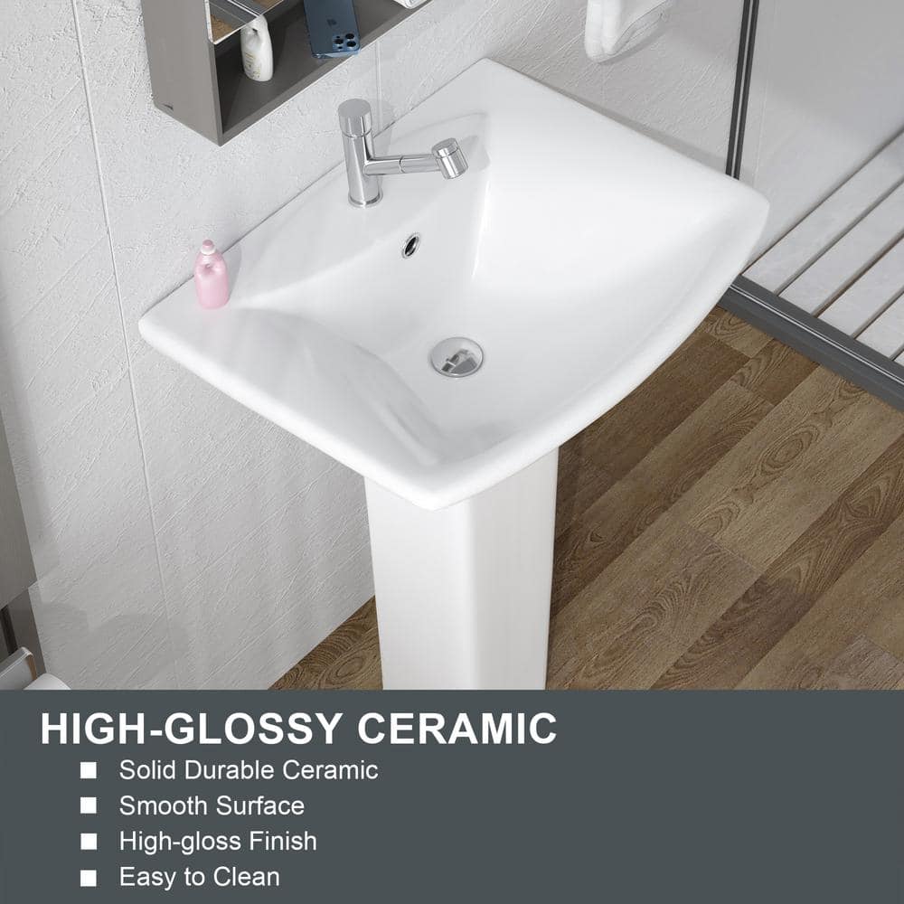 HOMLYLINK Pedestal Sink White Vitreous China Rectangular Pedestal Bathroom Vessel Sink with Overflow 1 Faucet Hole Combo Sink (3)
