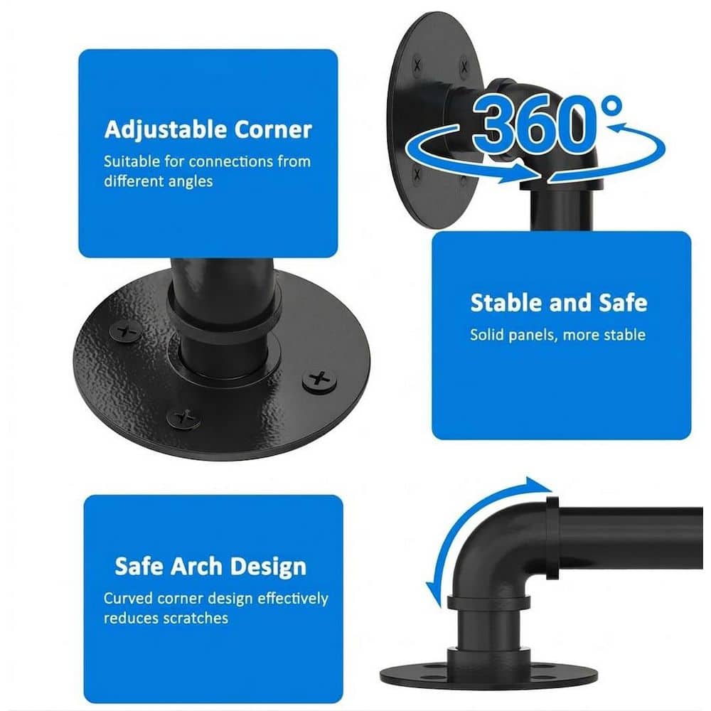 Unbranded 5 ft. Black Metal Industrial Pipe Handrail Wall Mount Safety Handle for Indoor Outdoor Steps and Stair Railing (3)