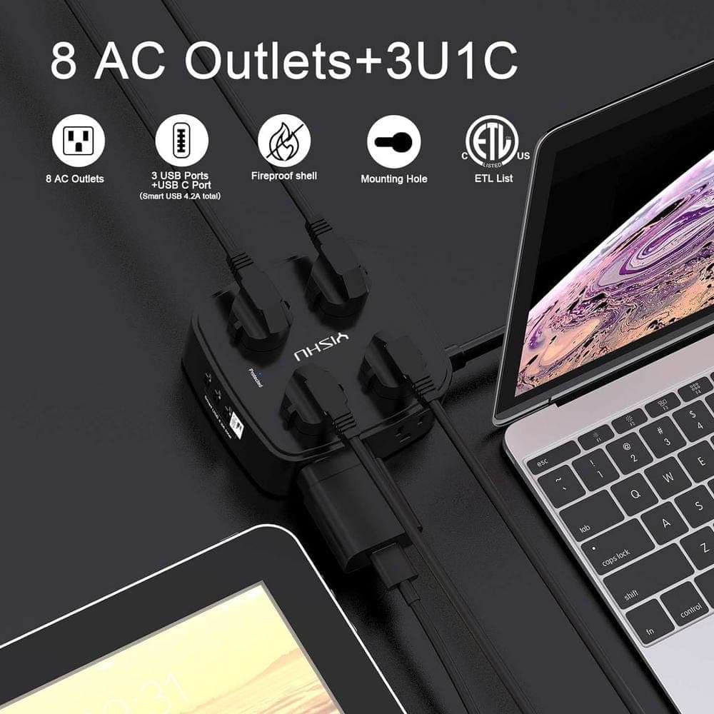 Lukyamzn 10 ft. 8-Outlets Surge Protector Power Strip with 3-USB and 1-USB-C Ports, ETL Listed in Black (2)
