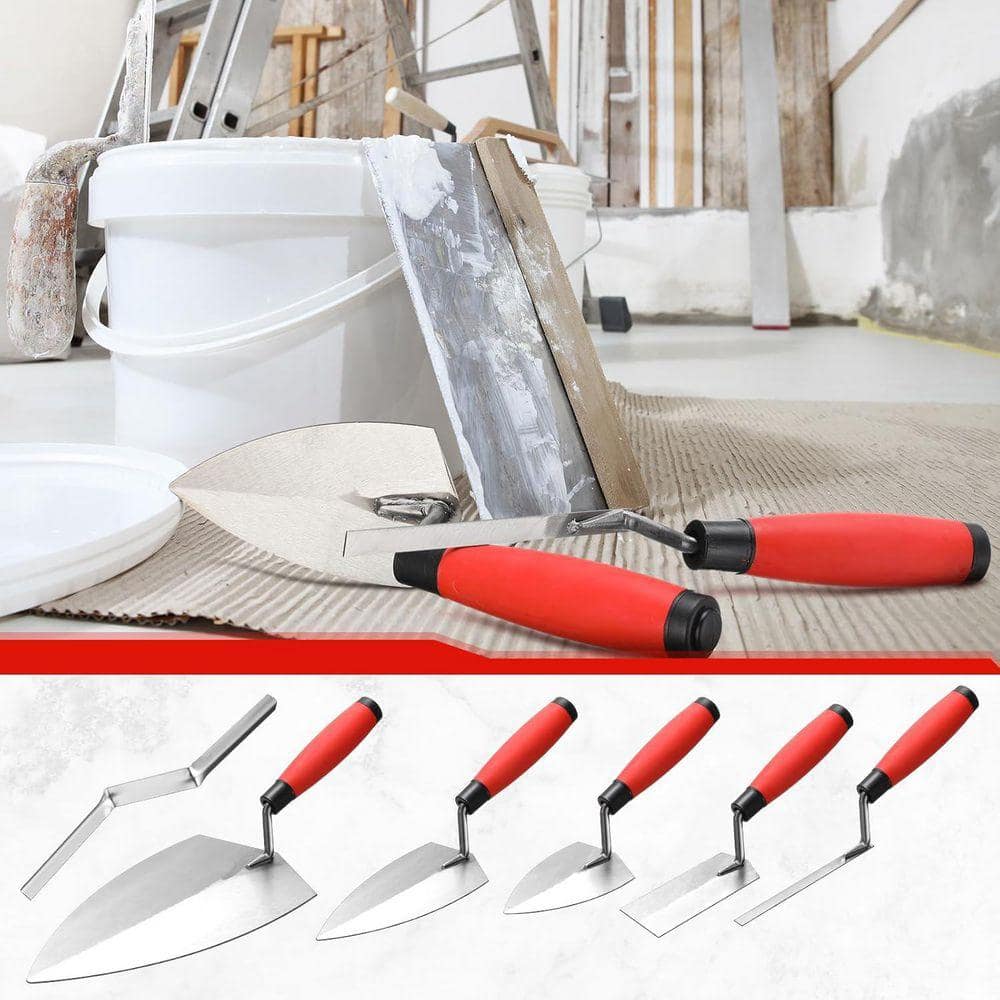 KIWDZFU 11 in. x 5-1/2 in. Philadelphia Brick Trowel Set with Soft Grip Handle 6-Piece Masonry Concrete Tool Kit (3)