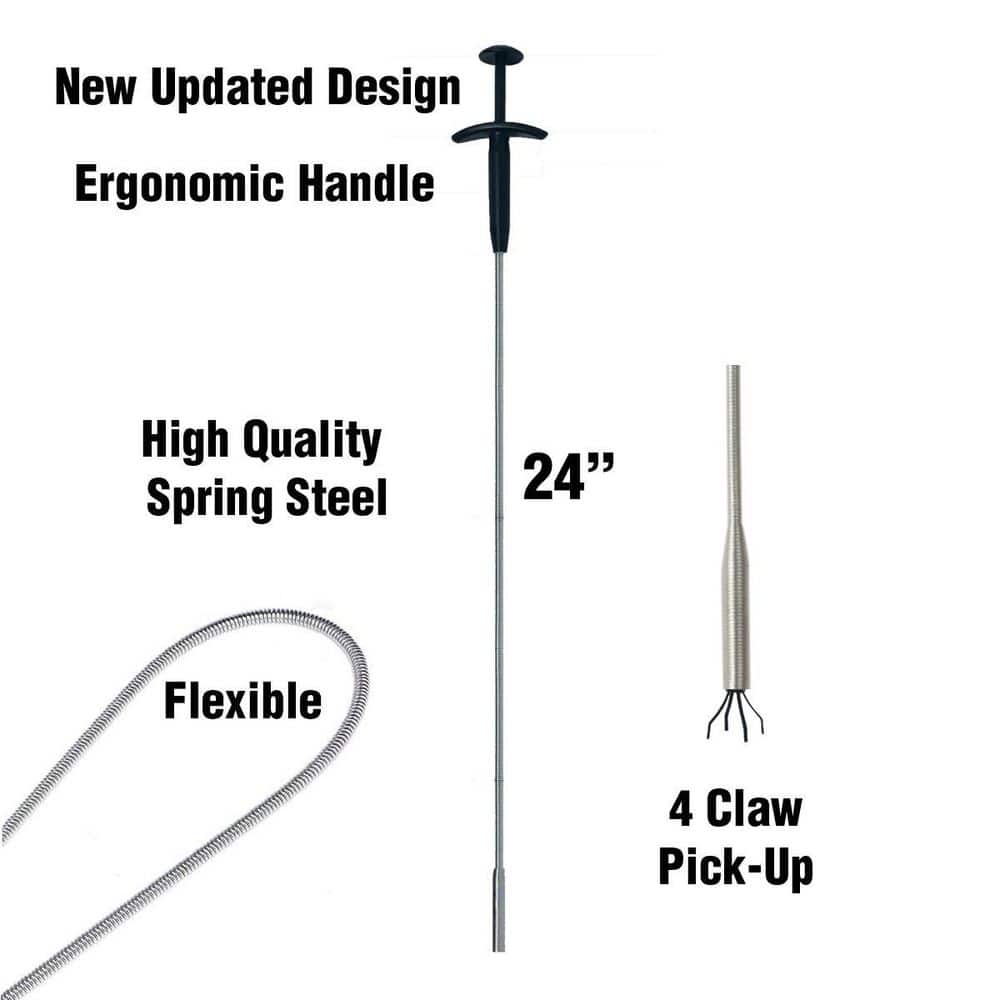 GrabEasy 24 in. Ergonomic Handle, Flexible, 4 Claw Pick-Up Tool, Jewelry Retriever, Clog Remover, Drain Snake in Chrome (3)