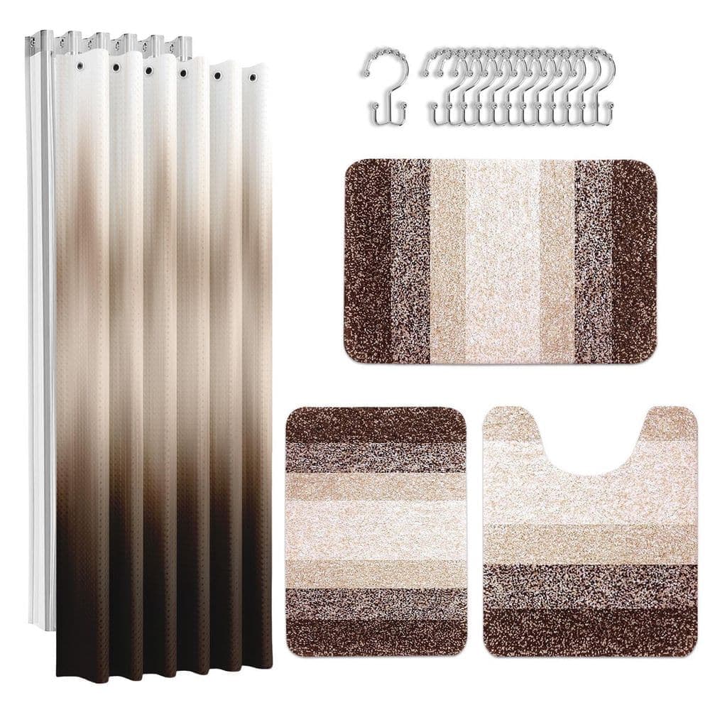Wudkey 72 in. W x 72 in. L Polyester Shower Curtain in Brown with Rugs, Waterproof Shower Curtain Liner and Nonslip Bath Mat (1)