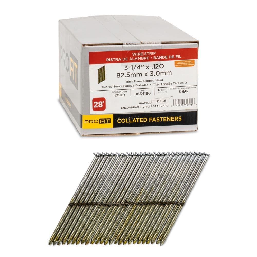 PRO-FIT 3-1/4 in, x 0.120 28° Hot Dipped Galvanized Ring Shank Wire Strip Framing Nails (2000-Per Box) (1)