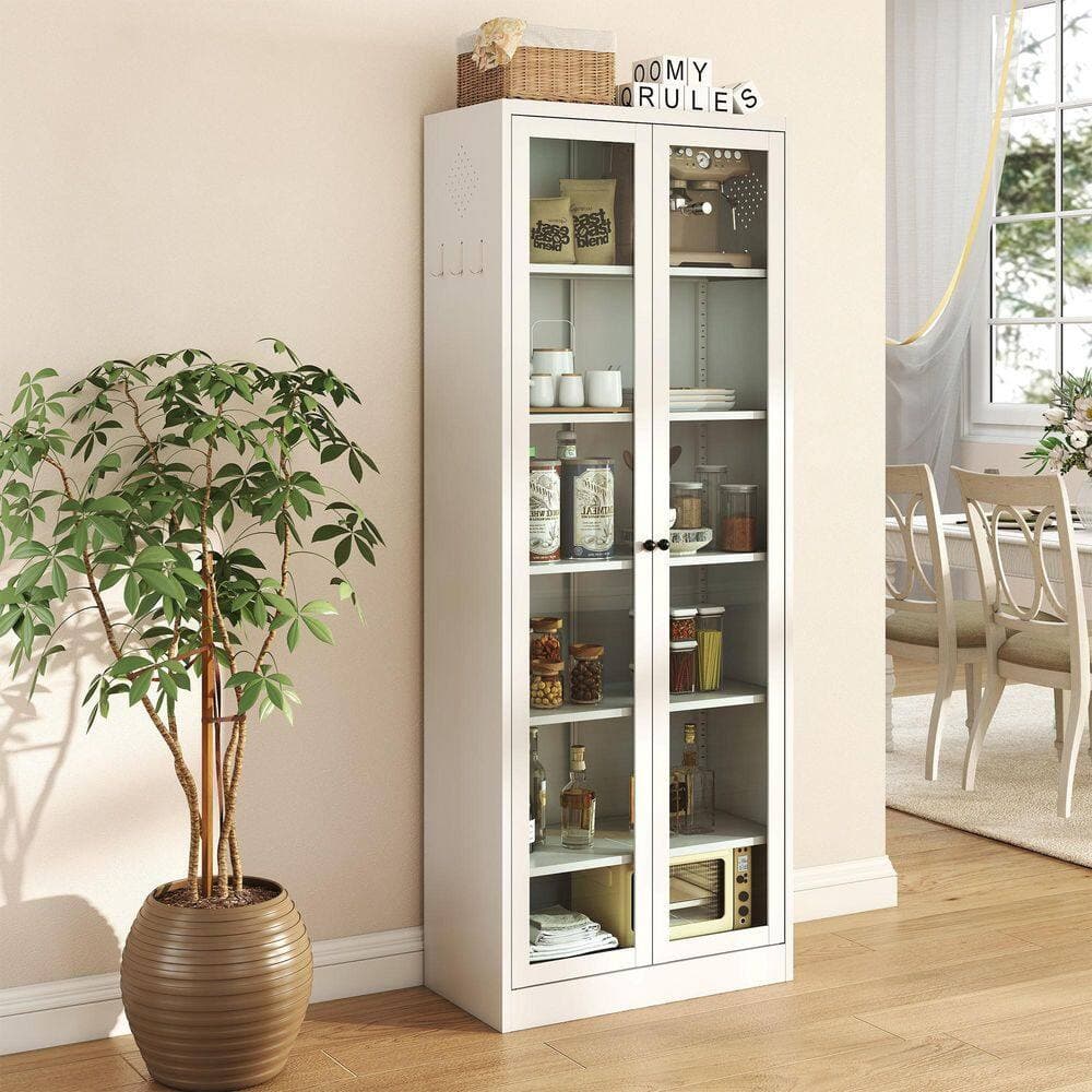 Ximuprmy 27.6 in. W x 13.8 in. D x 72 in. H in White Metal Freestanding Linen Cabinet with Glass Doors, and Magnetic Closure (2)