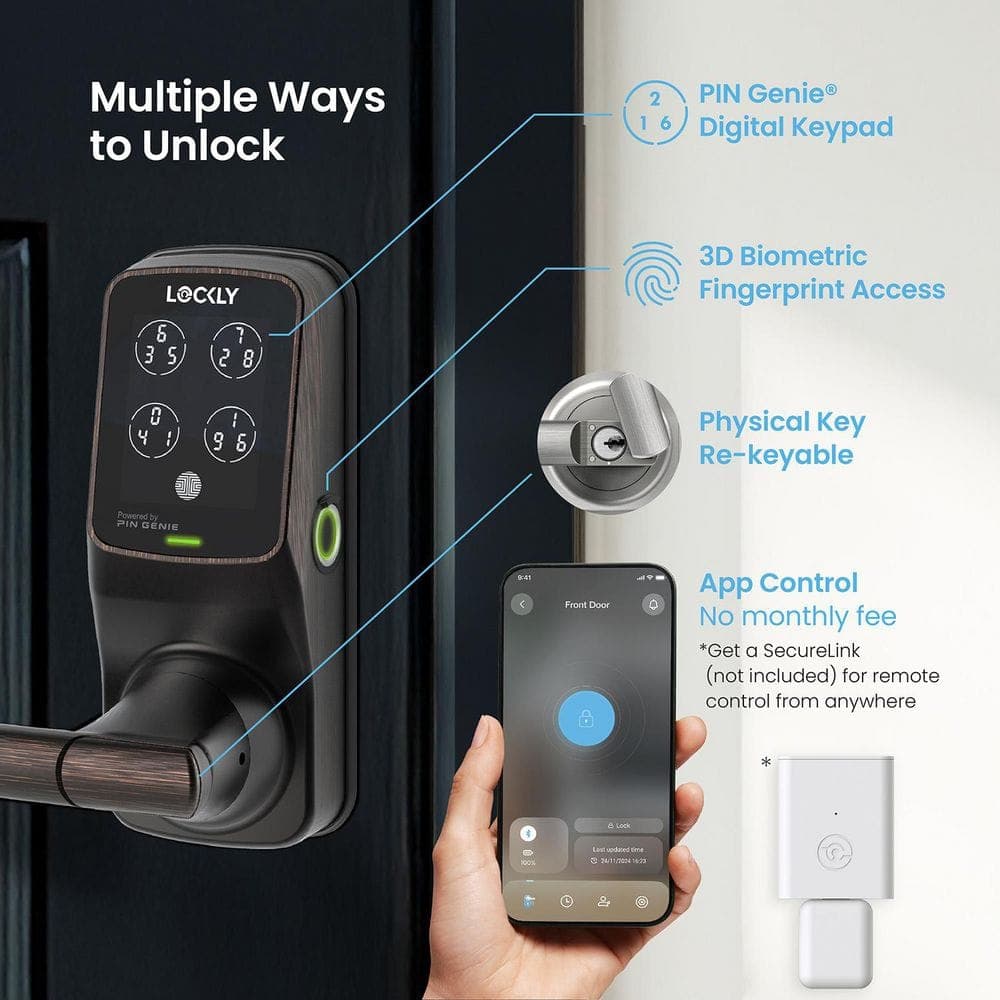 Lockly Secure Plus Venetian Bronze Spring-Loaded Latchbolt Smart Lock With Lever Door Handleset, Fingerprint, Keypad, Bluetooth (2)