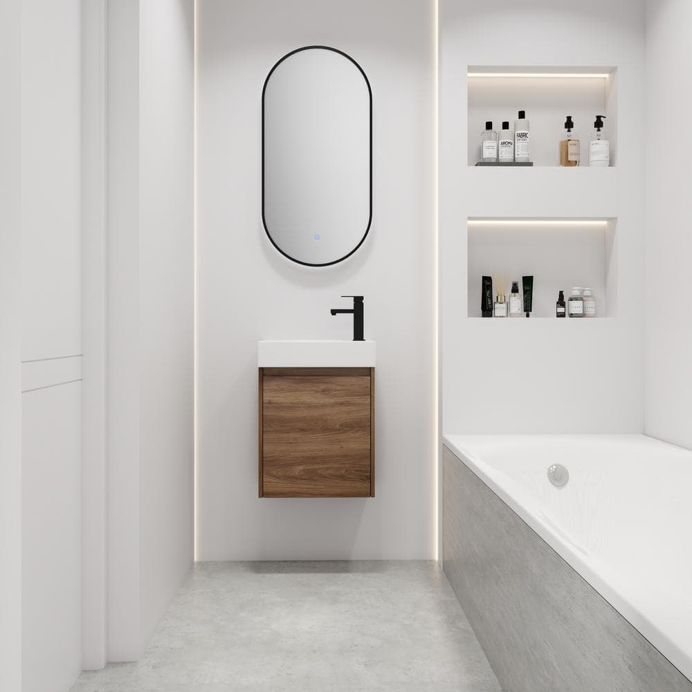 Zeus & Ruta 16.1 in. W x 8.9 in. D x 22.8 in. H Single Sink Bathroom Vanity in Dark Brown with White Ceramic Top For Small Bathroom (1)