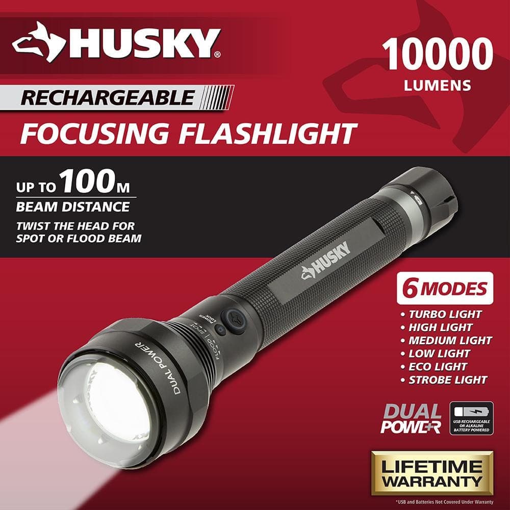 Husky 10000 Lumens Dual Power LED Rechargeable Focusing Aluminum Flashlight (3)