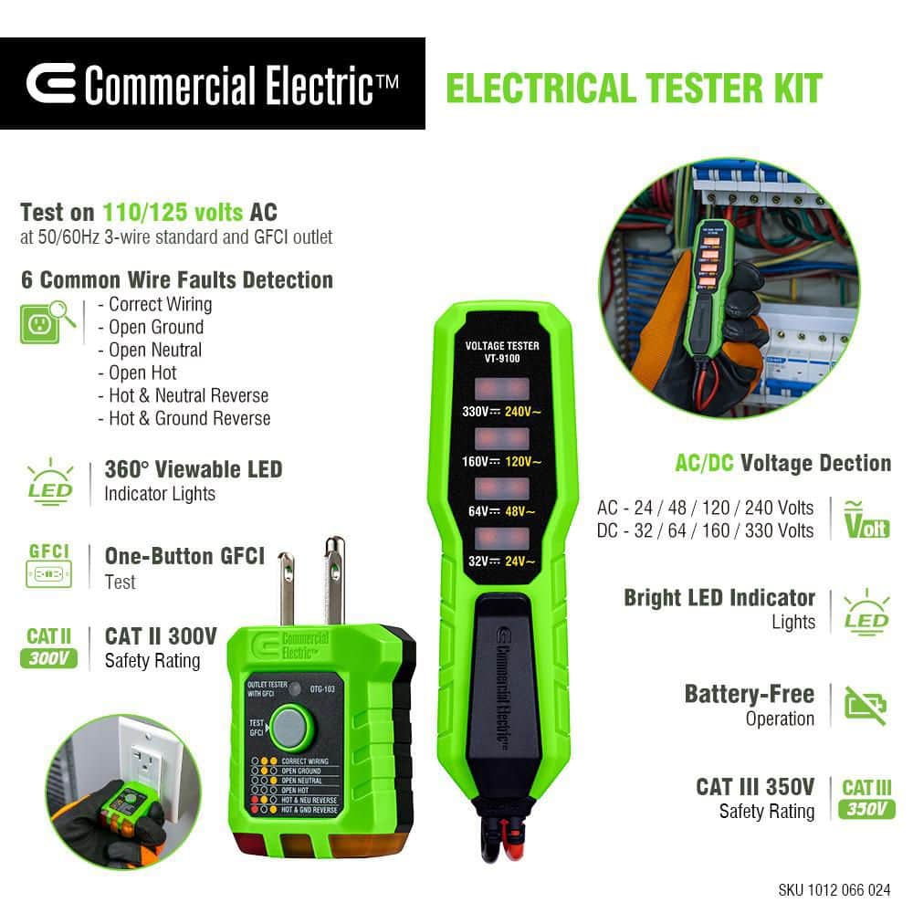 Commercial Electric AC/DC Voltage Tester and GFCI Receptacle Tester Kit (3)