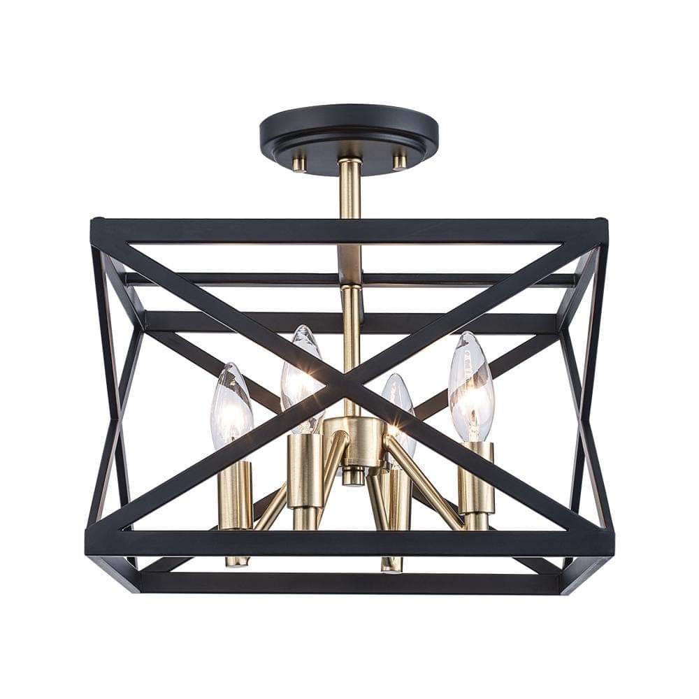 Monteaux Lighting 13 in. 4-Light Black and Gold Semi-Flush Mount Ceiling Light with Caged Metal Shade (3)