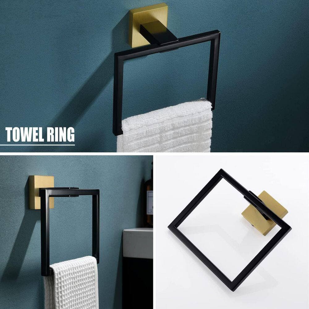 LAIFUCAM 5-Piece Bathroom Hardware Set with Towel Bar Toilet Paper Holder Towel Ring Coat Hooks in Black and Gold (3)