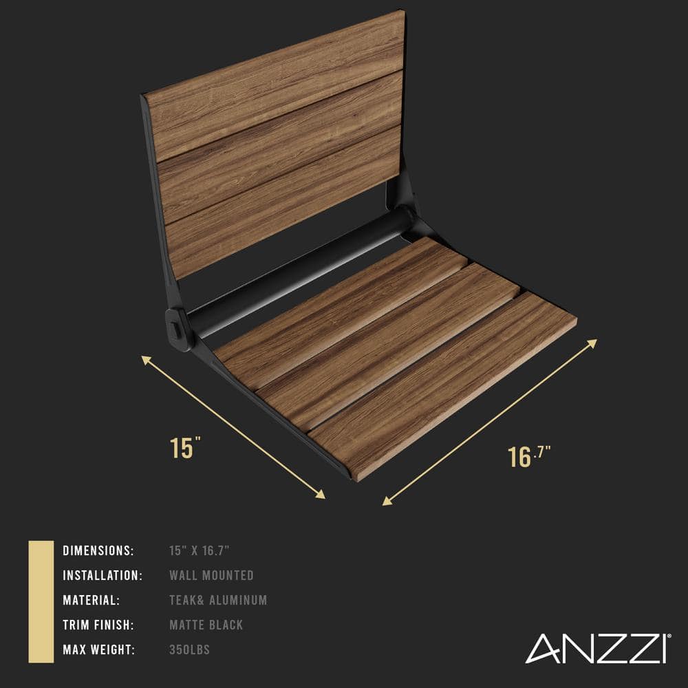 ANZZI Saxon 17 in. W x 17 in. D Teak Wall Mounted Folding Walk in Shower Seat in Matte Black (3)