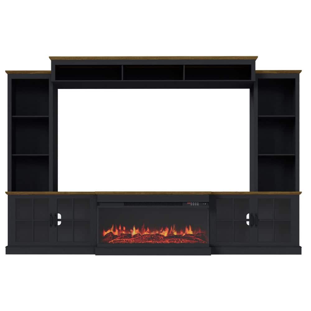 Sizzim 98 in. Freestanding Engineered Wood Electric Fireplace TV Stand with 3-Sided Panoramic Fireplace in Black (2)