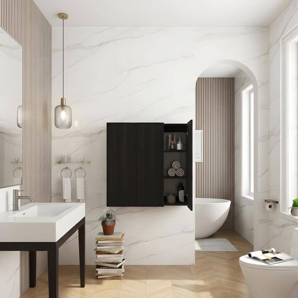 Zuvandra 35.43"W x 9.81"D x 35.44"H Plywood Bathroom Wall Cabinet Set with Doors and Built-in Shelves,Dark Oak (2)
