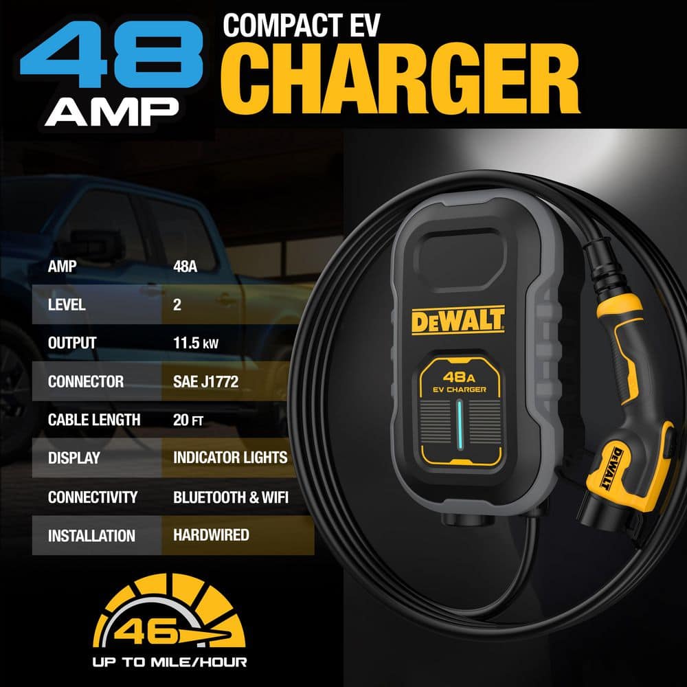 DEWALT Level-2 Compact EV Charger up to 48 Amps, 240-Volt AC 11.5 Kw, 20 ft. Cable, Hardwired, Weatherproof, SAE J1772 (3)